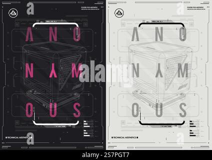 Abstrakte technische Posterschablone mit HUD-Elementen. Cyber-Kultur, moderner Flyer für Web und Print. Hacking, Cyberpunk futuristisches Poster. Programmierung und virtuelle Umgebungen. Stock Vektor