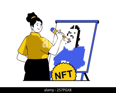 NFT-Token-Konzept mit Zeichensituation. Frau schafft digitale Meisterwerke digitaler Kunst zum Verkauf auf virtuellen Websites und Online-Galerien. Vektorillustration mit Personenszene in flachem Design für Web Stock Vektor