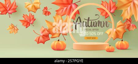 Herbstanzeige Podium Dekorationshintergrund mit Herbstblättern und leerem minimalem Podium Podest Produktdisplay. Hintergrund- oder Bannervorlage für die Gestaltung von Herbst- und Herbst-Bannern Stock Vektor