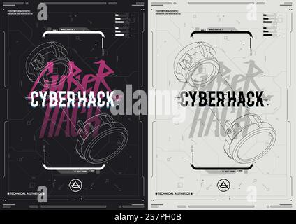 Abstrakte technische Posterschablone mit HUD-Elementen. Cyber-Kultur, moderner Flyer für Web und Print. Hacking, Cyberpunk futuristisches Poster. Programmierung und virtuelle Umgebungen. Stock Vektor