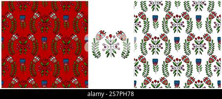 Legen Sie nahtlose Muster fest. Farbenfrohe Blumen mit Boho-Muster im skandinavischen Cottagecore-Stil. Drucken Sie in Handzeichnung Stock Vektor