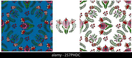 Legen Sie nahtlose Muster fest. Farbenfrohe Blumen mit Boho-Muster im skandinavischen Cottagecore-Stil. Handgezeichneter Druck für Stoffe Stock Vektor