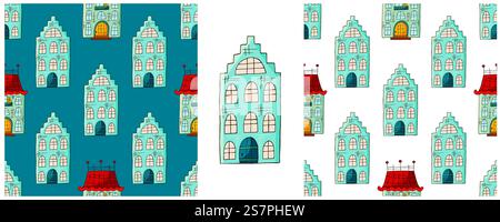 Blaue Häuser. Setze ein süßes, nahtloses Muster für die Stadt. Muster in handgezeichnetem Stil für Stoffe usw. Stock Vektor
