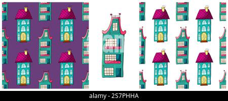 Blaue Häuser. Setze niedliche, nahtlose Muster für die Stadt. Muster in Handzeichnung für Stoffe, Textilien usw. Stock Vektor