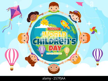 Welt Kinder&rsquo;s Tag Vektor Illustration am 20. November mit Kindern und Regenbogen in Kinder Feier Cartoon Heller Himmel Blau Hintergrund Design Stock Vektor