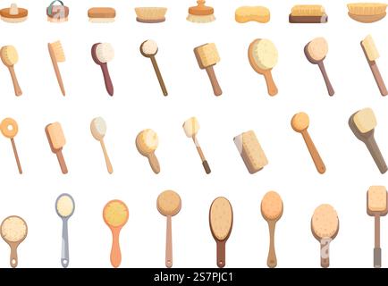 Body Pinsel Symbole setzen Cartoon Vektor. Körper massieren. Trockene Gesundheit. Body Pinsel Symbole setzen Cartoon Vektor. Körper massieren Stock Vektor