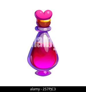 Cartoon Love Trank, Parfüm oder Elixier Flasche, Vektor Valentinstag Feiertagsgeschenk. Alchemist oder Hexe magische rosa Flüssigkeit in Glasflasche, Flasche oder Fläschchen Stock Vektor