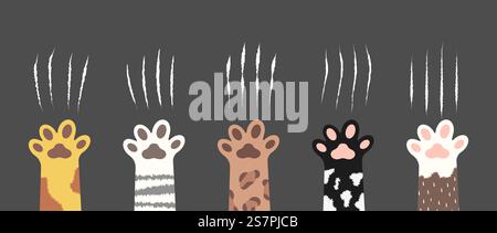 Katzenkratzer. Satz von Klauen Kratzer, Haustiere oder wilde Tiernägel reißen isoliert auf dunklem Hintergrund. Löwen- oder Tiger-Kratzspuren. Cartoon Katzenfuß Stock Vektor