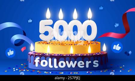 5 oder 5000 Follower danke. Freunde, Follower, Abonnenten und Likes in sozialen Netzwerken. Geburtstagskuchen mit Kerzen. Vektorabbildung. 5 oder 5000 Follower danke. Freunde, Follower, Abonnenten und Likes in sozialen Netzwerken. Geburtstagskuchen mit Kerzen. Stock Vektor