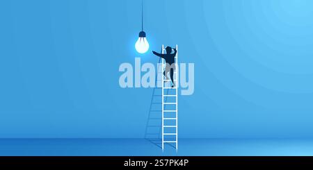 Mensch steigt die Treppe zur Glühbirne. Idee, Ziel und Innovationskonzept. Vektorabbildung. Mensch steigt die Treppe zur Glühbirne. Idee, Ziel und Innovationskonzept. Stock Vektor