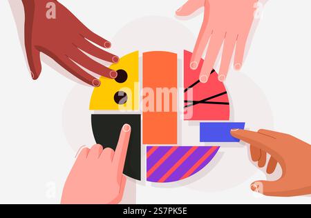 Multiethnische Hände setzen das Puzzle zusammen. Das Konzept der Zusammenarbeit. Moderner flacher Stil. Isoliert auf weißem Hintergrund. Vektorabbildung. Multiethnische Hände setzen das Puzzle zusammen. Das Konzept der Zusammenarbeit. Moderner flacher Stil. Isoliert auf weißem Hintergrund. Stock Vektor
