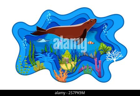 Papier geschnittene Unterwasserlandschaft mit Pelzsiegel. Unterwasser-Leben Papier geschnittene Vektorfahne, aquatische Natur Tiere Tapete oder 3D Hintergrund mit Stin Stock Vektor