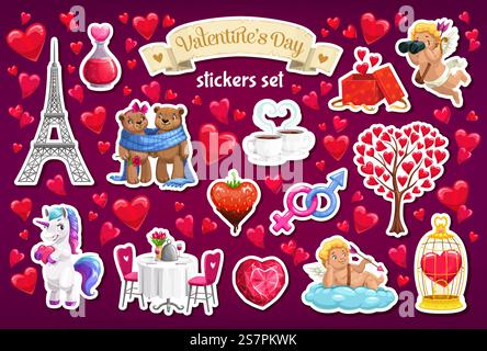 Valentinstag Aufkleber Packung mit Herzen, Liebesfiguren und Symbolen, Vektor-Set. Valentinstag-Aufkleber von Einhorn mit Herzen und Liebestrank, Eiffel Stock Vektor