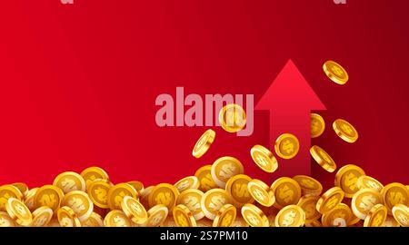 Ein großer Stapel goldener Münzen mit einem nach oben wachsenden Pfeil. Wachsendes Geschäftskonzept. Vektorabbildung. Ein großer Stapel goldener Münzen mit einem nach oben wachsenden Pfeil. Wachsendes Geschäftskonzept. Stock Vektor