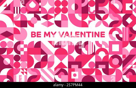 Be My Valentinstag Grußkarte mit geometrischen Formen, Vektorherzen Mosaik. Valentinstag-Grußkarte mit abstrakten Liebessymbolen in geometrischer Form Stock Vektor