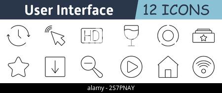 Symbol für Benutzeroberflächeneinstellung. Uhr, Zeiger, HD-Display, Weinglas, Sternsymbol, Wiedergabetaste, Lupe, Datei, Ordner, Schild, TV, Konnektivität, Mehrzweckgerät Stock Vektor