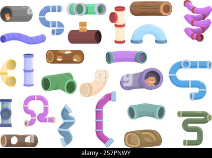 Hamster Tunnel Icons setzen Cartoon Vektor. Spielzeug-Haustier. Tierkäfig. Hamster Tunnel Icons setzen Cartoon Vektor. Spielzeug-Haustier Stock Vektor
