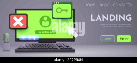 Computer mit Anmeldefenster auf dem Bildschirm. Netzwerksicherheit und Datenschutz. Privates Zugangskonzept. Vektorabbildung. Computer mit Anmeldefenster auf dem Bildschirm. Netzwerksicherheit und Datenschutz. Privates Zugangskonzept. Stock Vektor