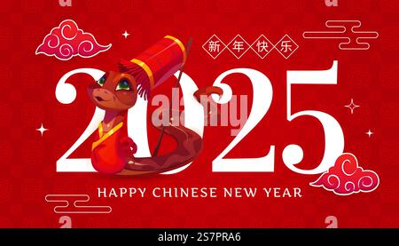 Glückliches chinesisches Neujahrsbanner mit lustiger Horoskop-Schlange und roter Laterne, Vektor-Grußkarte. 2025 Chinesisches Neujahrsfest und asiatische Mondferien-Schlange wi Stock Vektor