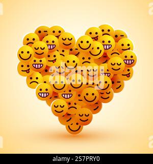 Das Herz besteht aus Emoji-Kugeln. Das Konzept von Liebe und Freundschaft. Vektorabbildung. Das Herz besteht aus Emoji-Kugeln. Das Konzept von Liebe und Freundschaft. Stock Vektor