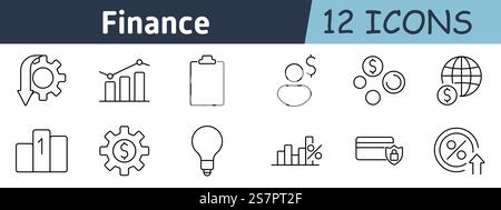 Symbol für Finanzierungssatz. Ausrüstung mit Pfeil, Balkendiagramm, Zwischenablage, Benutzer mit Dollar, Münzen, globale Wirtschaft, Podium, Zahnrad, Glühbirne, Gewinndiagramm, Kredit ca. Stock Vektor