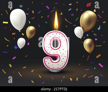 Happy Birthday Years Jubiläum der Person Geburtstag, Kerze in Form von Zahlen neun des Jahres. Vektorabbildung. Happy Birthday Years Jubiläum der Person Geburtstag, Kerze in Form von Zahlen neun des Jahres. Vektor Stock Vektor