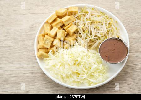 Tahu Campur, hergestellt aus Tofu, Kohl und Sojasprossen, serviert mit Erdnusssauce. Traditionelles indonesisches Essen Stockfoto