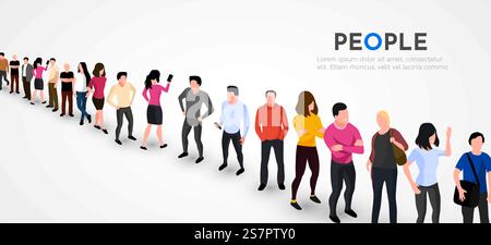 Gruppe von Personen, die in der Schlange bleiben. Unser Teamkonzept. Hintergrund mit Leerzeichen für Text. Geschäftsleute. Vektorabbildung. Gruppe von Personen, die in der Schlange bleiben. Unser Teamkonzept. Hintergrund mit Leerzeichen für Text. Geschäftsleute. Stock Vektor
