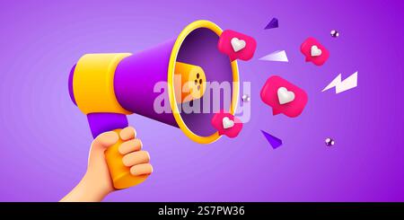 3D-Hand halten Megaphonlautsprecher oder Lautsprecher-Bullhorn für Durchsage. Mockup mit ähnlichen Benachrichtigungen. Werbung in sozialen Medien. Vektorabbildung... 3D-Hand halten Megaphonlautsprecher oder Lautsprecher-Bullhorn für Durchsage. Mockup mit ähnlichen Benachrichtigungen. Werbung in sozialen Medien Stock Vektor