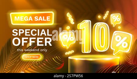 Sonderangebot für Mega, Werbebanner für Neon 10 Rabatt. Werbeaktion für das Sign-Board. Vektorabbildung. Sonderangebot für Mega, Werbebanner für Neon 10 Rabatt. Werbeaktion für das Sign-Board. Vektor Stock Vektor
