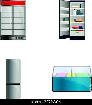 Kühlgeräte-Symbole setzen Zeichentrickvektor. Kühlschränke. Produktlagerung. Kühlgeräte-Symbole setzen Zeichentrickvektor. Kühlschränke Stock Vektor
