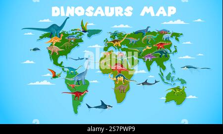 Weltkarte mit prähistorischen Dinosauriern und Reptilien. Vektordinos der Kontinente Afrika, Asien, Europa, Australien und Amerika. Cartoon Ankylosaurus Stock Vektor