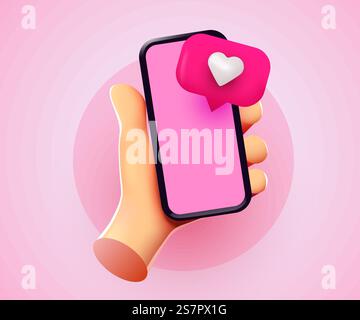 Niedliches Handheld-Smartphone mit Likes-Benachrichtigungssymbolen. Social Media und Marketingkonzept. Vektorabbildung. Niedliches Handheld-Smartphone mit Likes-Benachrichtigungssymbolen. Social Media und Marketingkonzept. Stock Vektor