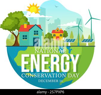 National Energy Conservation Day Vector Illustration am 14 Dezember für Rettet den Planeten und Green Eco Friendly mit Lampe und Erde Hintergrund Design Stock Vektor