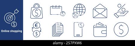 Online-Shopping-Set-Symbol. Ziel, Dollar, Einkaufstasche, Kalender, globaler Umsatz, E-Mail, Rabatt, Geldwechsel, Dokumente, Smartphone, Wallet, speichern Stock Vektor