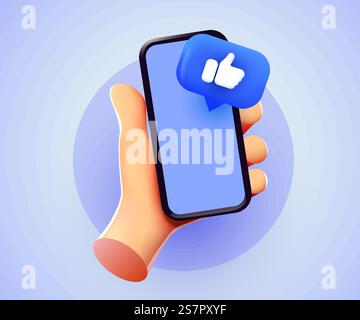 Niedliches Handheld-Smartphone mit Likes-Benachrichtigungssymbolen. Social Media und Marketingkonzept. Vektorabbildung. Niedliches Handheld-Smartphone mit Likes-Benachrichtigungssymbolen. Social Media und Marketingkonzept. Stock Vektor