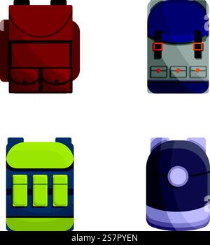 Rucksack-Symbole setzen Cartoon-Vektor. Verschiedene Rucksäcke. Modernes Accessoire. Rucksack-Symbole setzen Cartoon-Vektor. Verschiedene Rucksäcke Stock Vektor