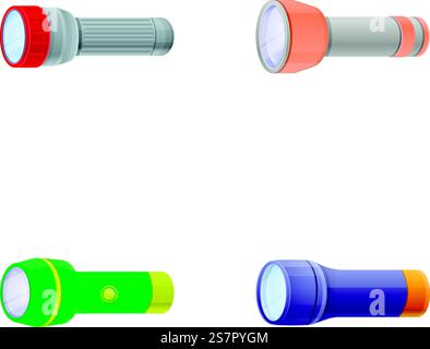 Flashlight icons set cartoon vector. Different pocket flashlight. Individual use light source. Flashlight icons set cartoon vector. Different pocket flashlight Stock Vektor