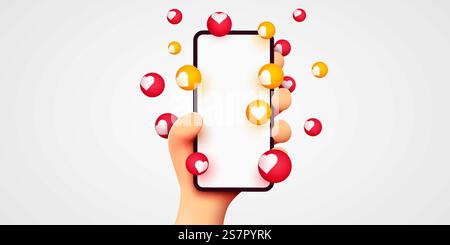 Niedliches 3D-Cartoon-Handheld-Smartphone mit Likes-Benachrichtigungssymbolen auf weißem Hintergrund. Social Media und Marketingkonzept. Vektorabbildung. Niedliches 3D-Cartoon-Handheld-Smartphone mit Likes-Benachrichtigungssymbolen auf weißem Hintergrund. Social Media und Marketingkonzept. Stock Vektor