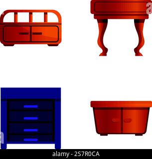Nachttisch-Symbole setzen Cartoon-Vektor. Nachttisch aus Holz. Wohnmöbel. Nachttisch-Symbole setzen Cartoon-Vektor. Nachttisch aus Holz Stock Vektor