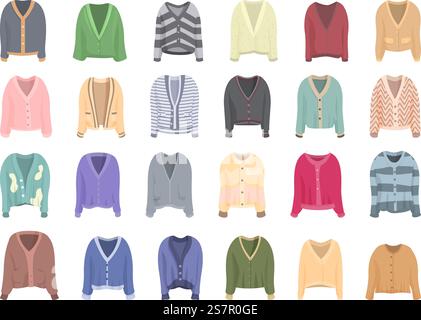 Cardigan Icons setzen Cartoon Vektor. Strickbekleidung. Winterwolle. Cardigan Icons setzen Cartoon Vektor. Strickbekleidung Stock Vektor