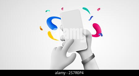 Das Telefon in zwei Händen halten. Modell des Telefons. Farbexplosion. Touchscreen mit dem Finger. Vektorabbildung. Das Telefon in zwei Händen halten. Modell des Telefons. Farbexplosion. Touchscreen mit dem Finger. Stock Vektor