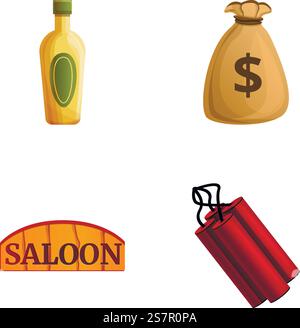 Westliche Ikonen setzen Zeichentrickvektor. Wild-West-Konzept. Amerikanischer alter Westen. Westliche Ikonen setzen Zeichentrickvektor. Wild-West-Konzept Stock Vektor