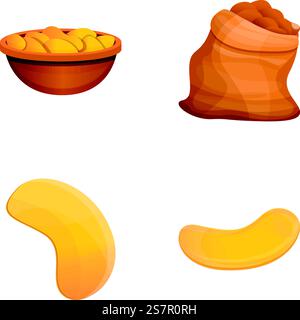 Kartoffelchips Icons setzen Zeichentrickvektor. Frische knusprige Chips. Gemüsesnack, Junk Food. Kartoffelchips Icons setzen Zeichentrickvektor. Frische knusprige Chips Stock Vektor