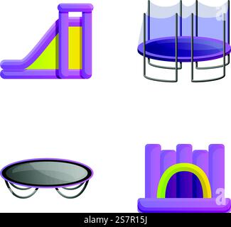 Aufblasbare Spielplatzsymbole setzen Cartoon-Vektor. Aufblasbare Rutsche und Trampolin. Spielbereich. Aufblasbare Spielplatzsymbole setzen Cartoon-Vektor. Aufblasbare Rutsche und Trampolin Stock Vektor