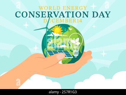 National Energy Conservation Day Vector Illustration am 14 Dezember für Rettet den Planeten und Green Eco Friendly mit Lampe und Erde Hintergrund Design Stock Vektor