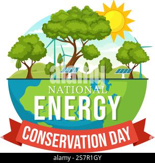 National Energy Conservation Day Vector Illustration am 14 Dezember für Rettet den Planeten und Green Eco Friendly mit Lampe und Erde Hintergrund Design Stock Vektor
