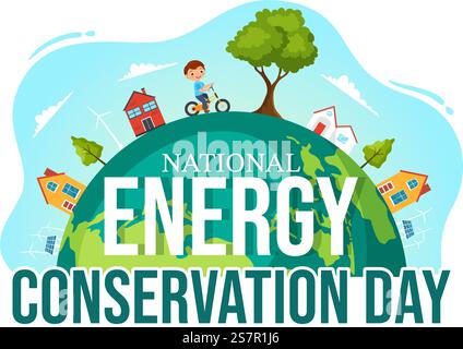 National Energy Conservation Day Vector Illustration am 14 Dezember für Rettet den Planeten und Green Eco Friendly mit Lampe und Erde Hintergrund Design Stock Vektor