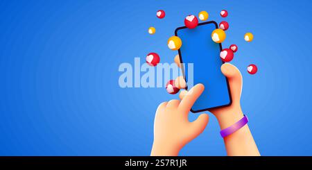 Niedliche Cartoon Hand hält Handy-Smartphone mit Likes-Benachrichtigungssymbolen auf blauem Hintergrund. Social Media und Marketingkonzept. Vektorabbildung. Niedliche Cartoon Hand hält Handy-Smartphone mit Likes-Benachrichtigungssymbolen auf blauem Hintergrund. Social Media und Marketingkonzept. Stock Vektor
