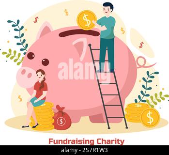 Fundraising Charity und Spende Vektor Illustration mit Freiwilligen, die Münzen oder Geld in Spendenbox in Financial Support Cartoon Hintergrund Stock Vektor